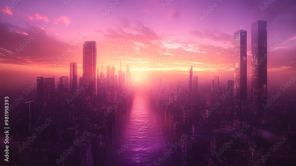 Fototapeta premium A wide-angle shot of a futuristic city panorama in a purple haze against a sunset sky. Fantasy illustration in cyberpunk style. Futuristic city scene in a style of sci-fi art. 80's wallpaper.