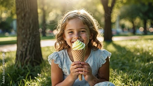 A young girl smiles joyfully with a pastel ice cream cone in a park, as soft sunlight filters through the trees, creating dappled shadows on the grass, capturing the essence of summer happiness.
