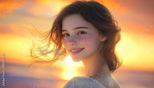 Captivating portrait of a young woman with a soft smile her hair gently blowing in the wind with a backdrop of a sunset-lit beach