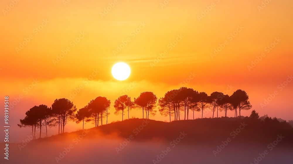 Dramatic sunrise over the fog and a range of tree silhouettes on a hill a landscape panorama with dreamy sky the rising sun and warm colors Dramatic sunrise over the fog and a range of tree silhouettes on a hill a landscape panorama with dreamy sky the rising sun and warm colors