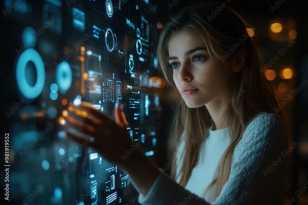 Young woman interacting with futuristic technology screen, exploring digital interface, artificial intelligence and data analysis. Young woman interacting with futuristic technology screen, exploring digital interface, artificial intelligence and data analysis.