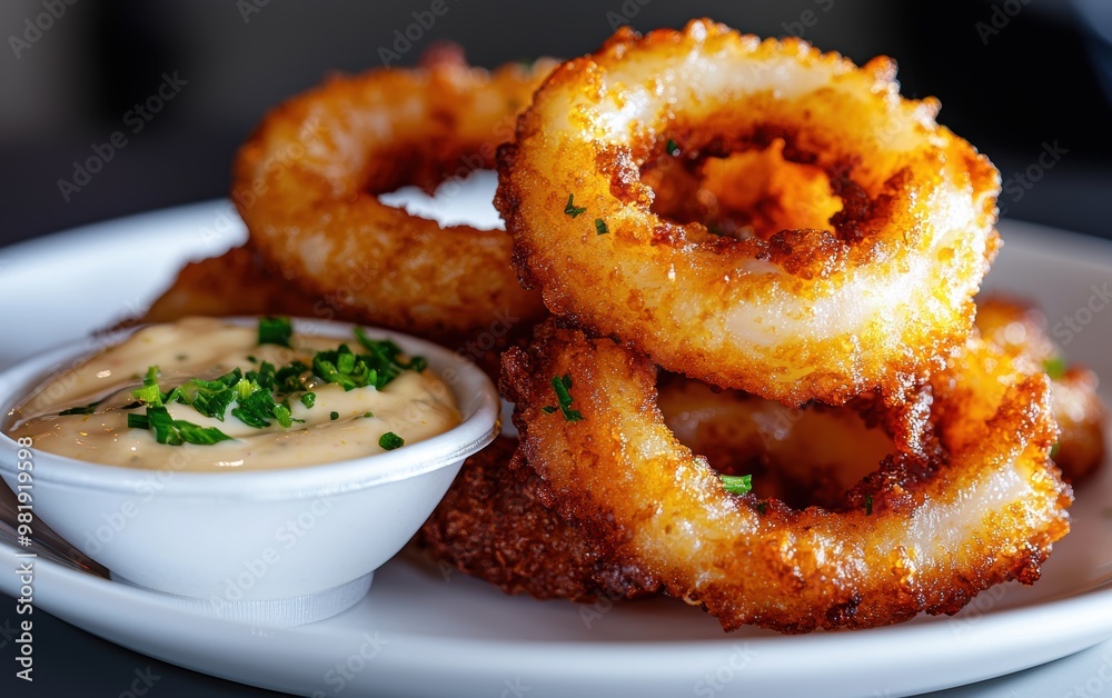 Delicious crispy fried onion rings with creamy dipping sauce Delicious crispy fried onion rings with creamy dipping sauce