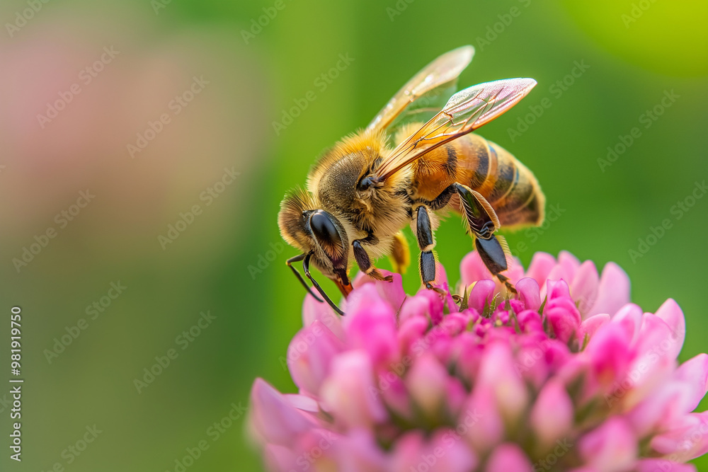 A close-up photo of an insect macro photography, featuring a bee on a pink flower with yellow stamens. The background is blurred to focus attention on the subject A close-up photo of an insect macro photography, featuring a bee on a pink flower with yellow stamens. The background is blurred to focus attention on the subject