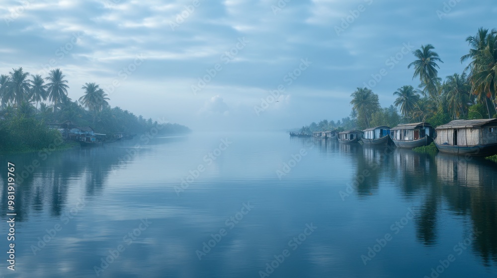 A panoramic view of the Kerala backwaters, with houseboats cruising through calm waters. A panoramic view of the Kerala backwaters, with houseboats cruising through calm waters.