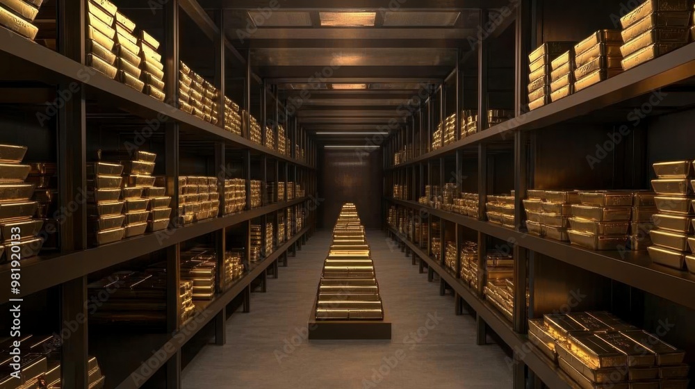 A security vault with shelves filled with neatly stacked gold bars, showcasing a high-security environment. A security vault with shelves filled with neatly stacked gold bars, showcasing a high-security environment.