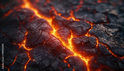 Fiery Cracks of Lava Flow Across Scorched Earth Surface, Glowing in Dark Tones.