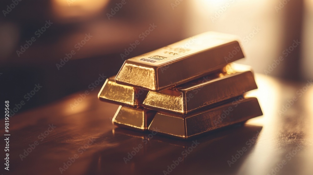 A stack of gleaming gold bars arranged neatly on a polished wooden table, with soft lighting highlighting their shiny surface. A stack of gleaming gold bars arranged neatly on a polished wooden table, with soft lighting highlighting their shiny surface.