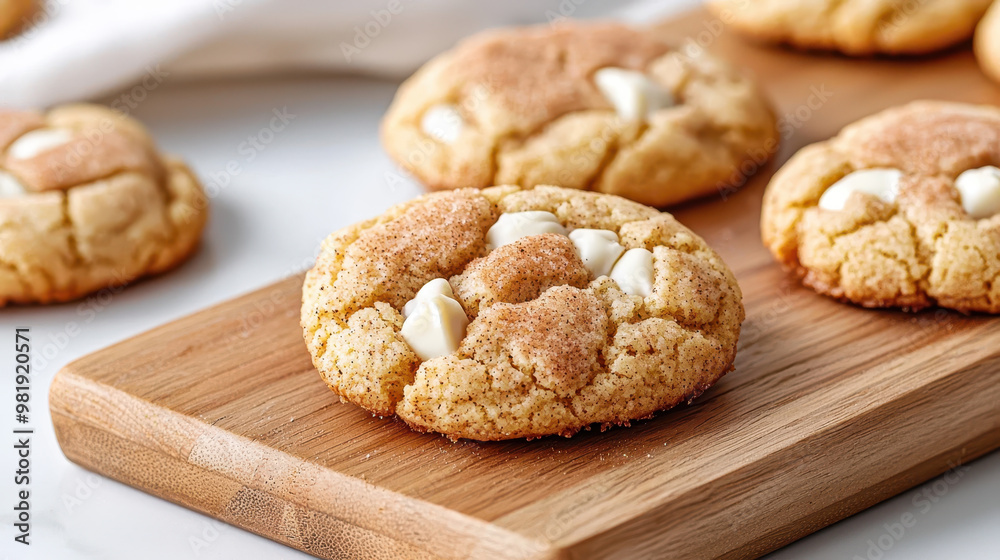 Freshly baked cinnamon cookies with white chocolate chips served on a wooden platter in a bright kitchen setting Freshly baked cinnamon cookies with white chocolate chips served on a wooden platter in a bright kitchen setting