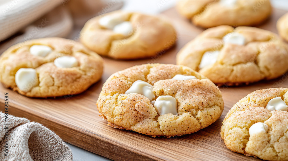 Freshly baked white chocolate chip cookies on a wooden board, showcasing a golden-brown texture with a soft, chewy interior Freshly baked white chocolate chip cookies on a wooden board, showcasing a golden-brown texture with a soft, chewy interior