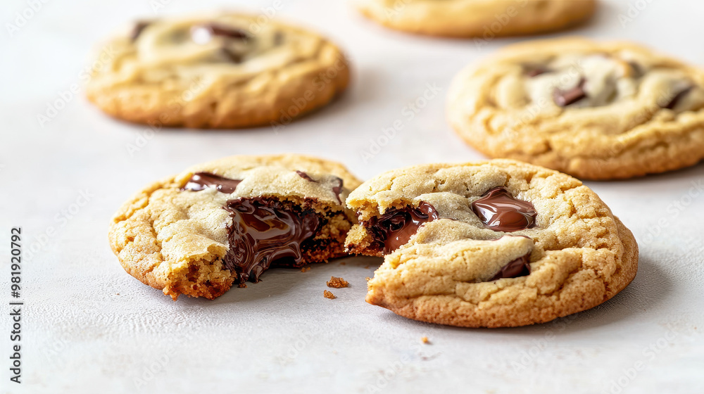 Melted chocolate chip cookie with gooey center, freshly baked, surrounded by whole cookies on light textured background Melted chocolate chip cookie with gooey center, freshly baked, surrounded by whole cookies on light textured background