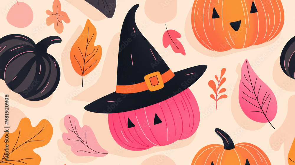 A cute witch hat pattern with pumpkins and leaves, Halloween-themed design patterns, vector illustration A cute witch hat pattern with pumpkins and leaves, Halloween-themed design patterns, vector illustration