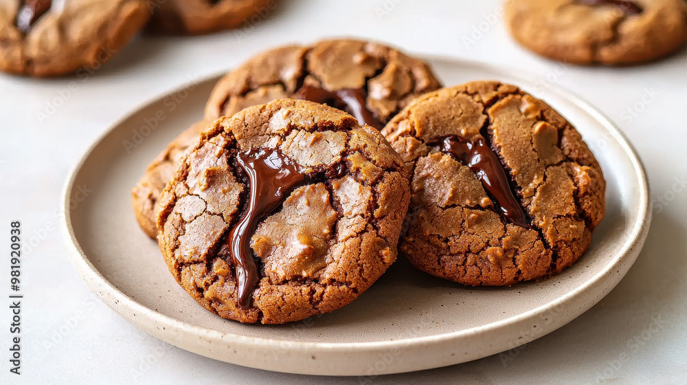 Freshly baked chocolate chip cookies with a gooey center on a beige plate, perfect for dessert or snack time Freshly baked chocolate chip cookies with a gooey center on a beige plate, perfect for dessert or snack time