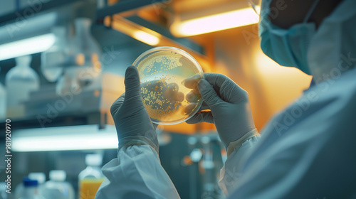 Scientist in lab coat examining bacterial cultures in petri dish, symbolizing disease investigation and medical research.