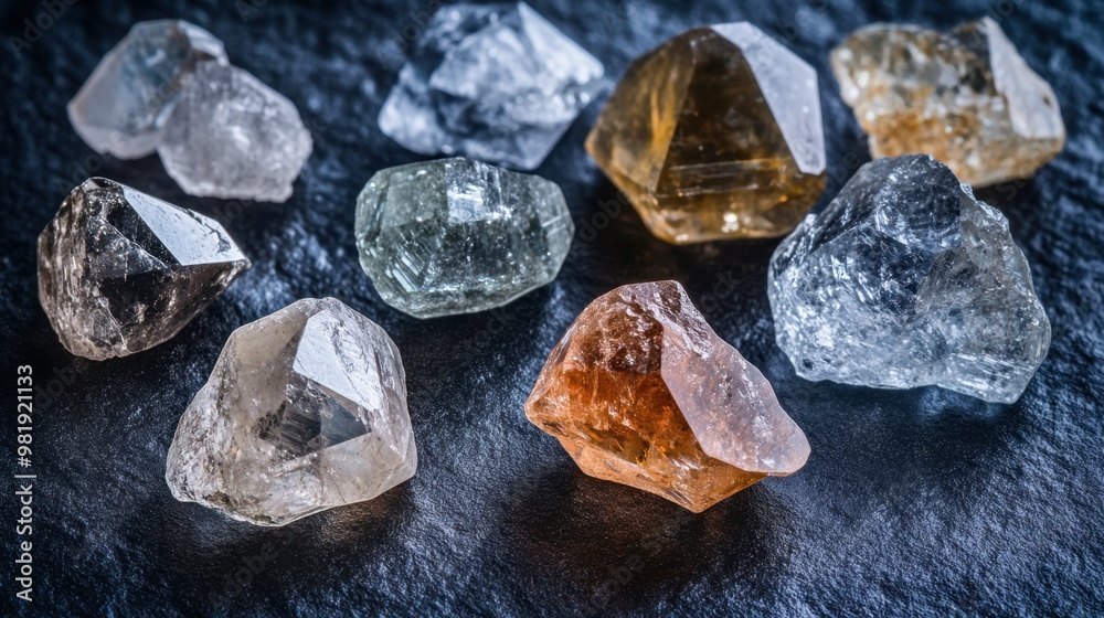 An assortment of rough diamonds on a dark surface, emphasizing their natural form before being cut and polished. An assortment of rough diamonds on a dark surface, emphasizing their natural form before being cut and polished.