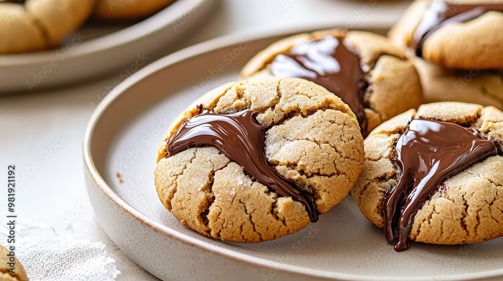Deliciously baked cookies with melted chocolate filling on a beige plate, showcasing a tempting dessert scene Deliciously baked cookies with melted chocolate filling on a beige plate, showcasing a tempting dessert scene
