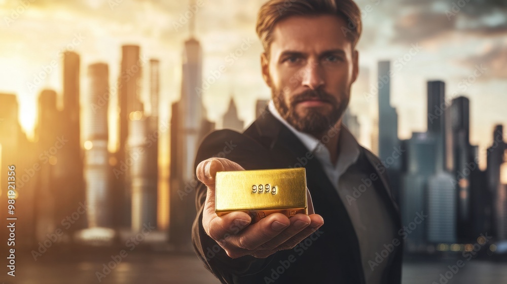An investor holding a gold bar in one hand, with a serious expression, in front of a city skyline and financial district. An investor holding a gold bar in one hand, with a serious expression, in front of a city skyline and financial district.