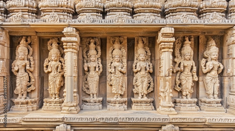 The ancient stone carvings of Khajuraho, depicting Hindu deities and temple art.