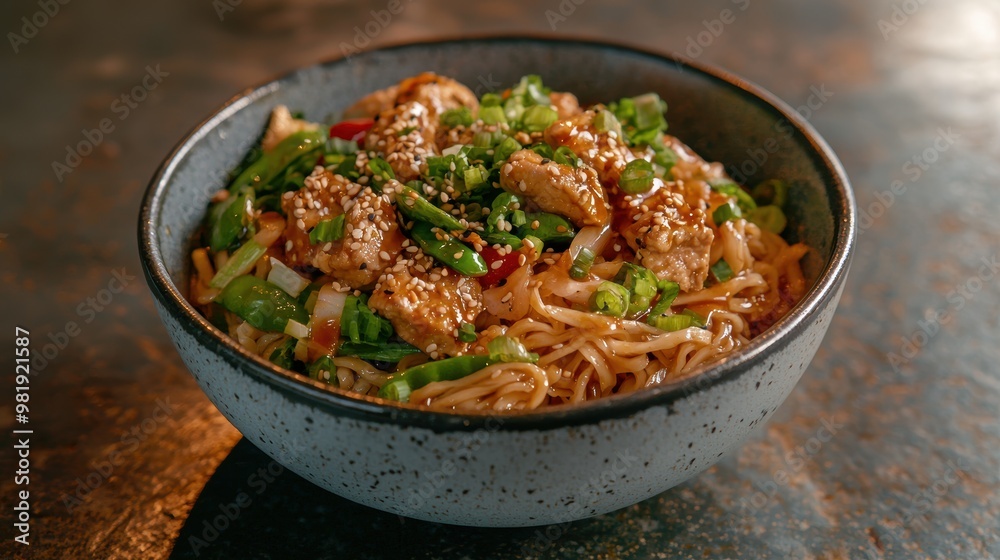 Delicious asian noodle dish with vegetables and sesame seeds