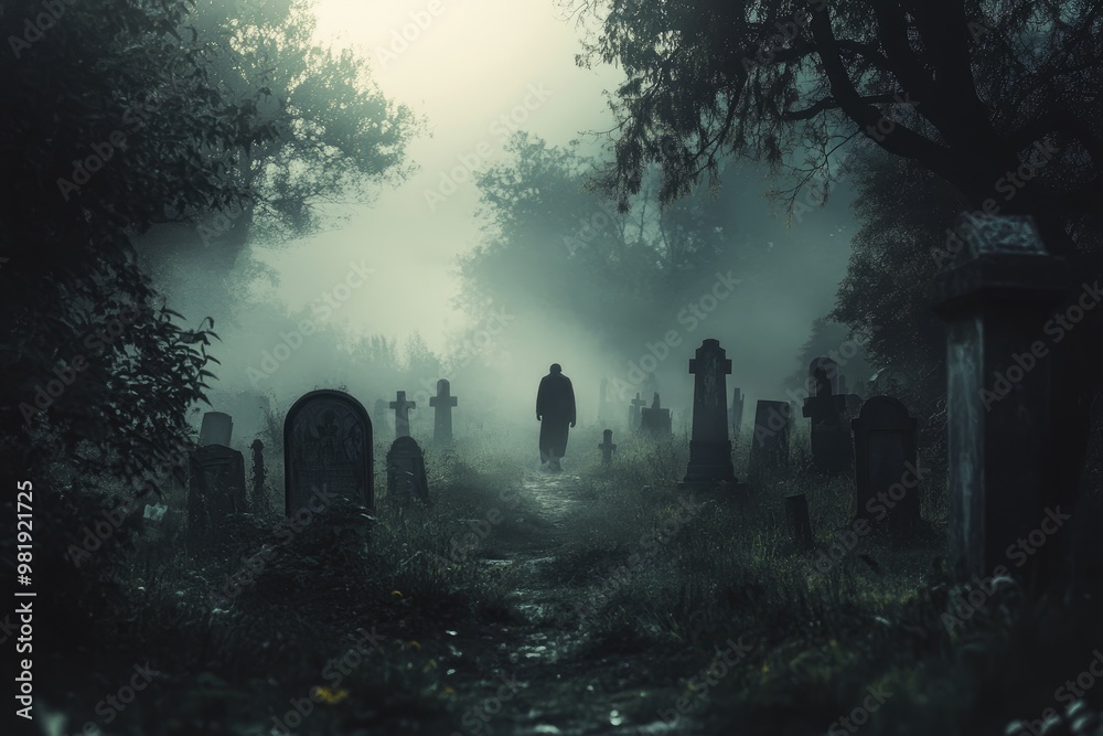 Solitary Figure Walking Through a Foggy Graveyard Solitary Figure Walking Through a Foggy Graveyard