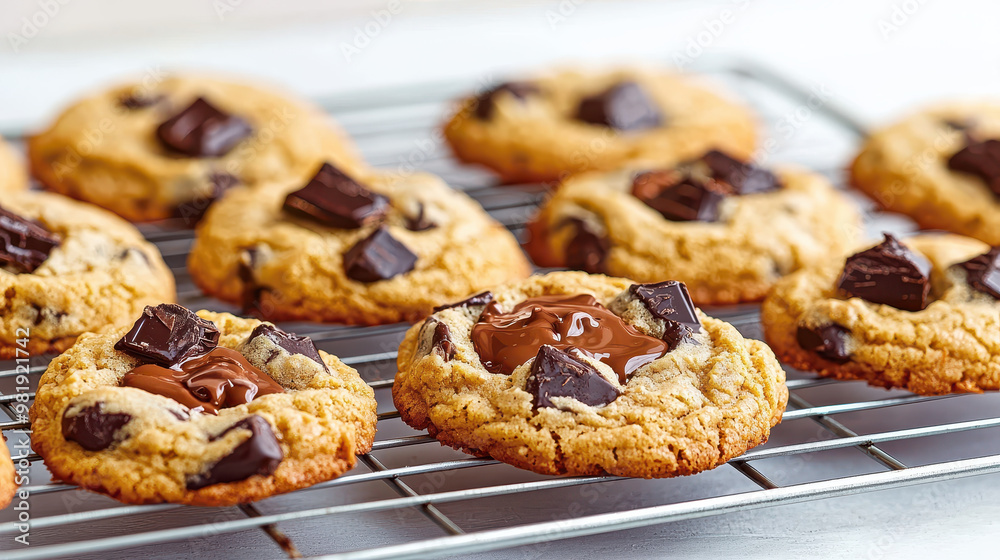 Freshly baked cookies with melting chocolate chunks on a cooling rack, showcasing a delightful dessert arrangement Freshly baked cookies with melting chocolate chunks on a cooling rack, showcasing a delightful dessert arrangement
