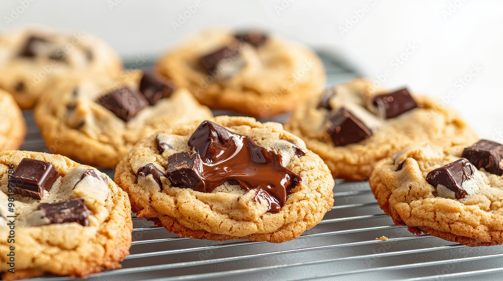 Freshly baked chocolate chip cookies cooling on a metal rack, showcasing melted chocolate chunks and golden-brown edges Freshly baked chocolate chip cookies cooling on a metal rack, showcasing melted chocolate chunks and golden-brown edges