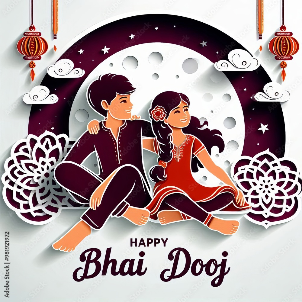 Happy Bhai Dooj Brother with Sister Papercut Style Vector Poster for Social Media Happy Bhai Dooj Brother with Sister Papercut Style Vector Poster for Social Media