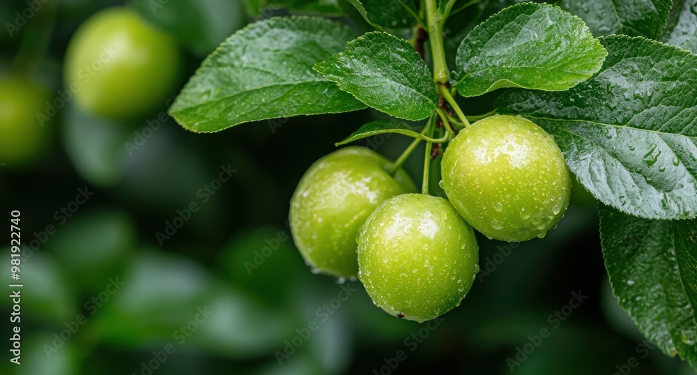 Fresh green apples with water droplets on the leaves Fresh green apples with water droplets on the leaves