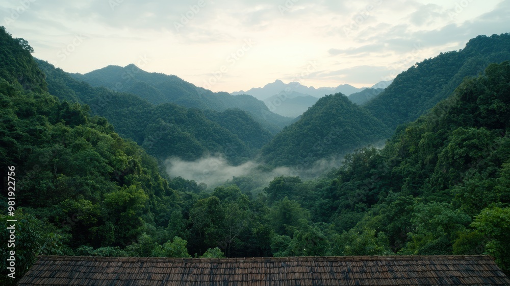 Lush green mountain landscape with misty valleys Lush green mountain landscape with misty valleys