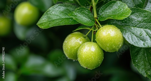 Wallpaper Mural Fresh green apples with water droplets on the leaves Torontodigital.ca