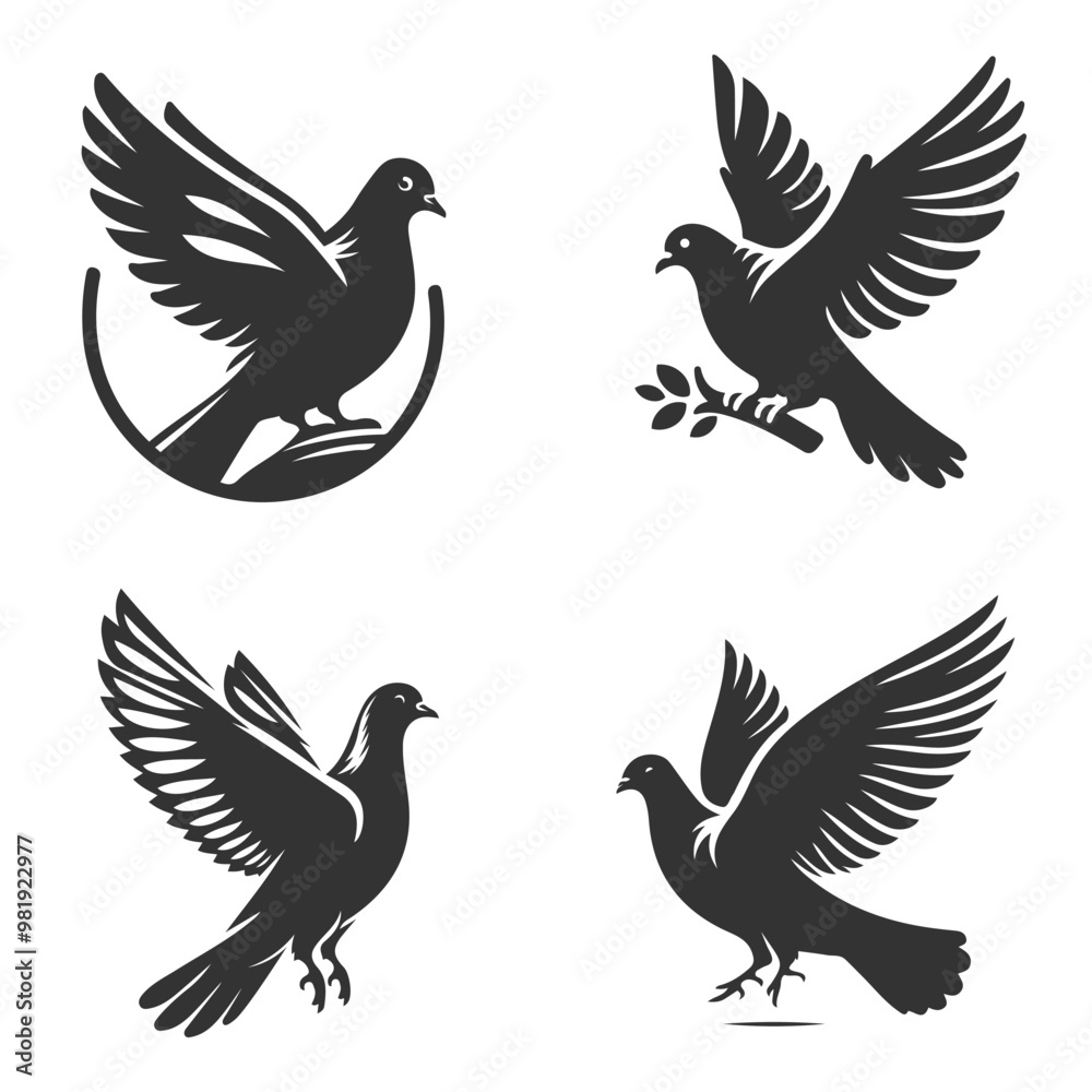Obraz premium Silhouette set of flying dove bird. Vector graphic artwork for nature illustrations and wildlife-inspired artwork.