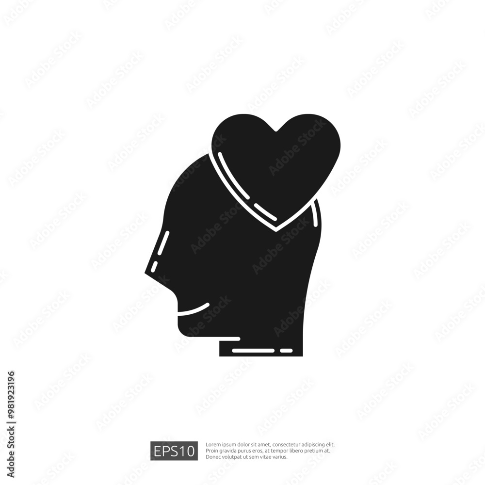 Line art icon of a human head with a heart above it. Concept of love, charity, compassion, care, empathy, kindness, support, volunteer, donation, altruism Line art icon of a human head with a heart above it. Concept of love, charity, compassion, care, empathy, kindness, support, volunteer, donation, altruism