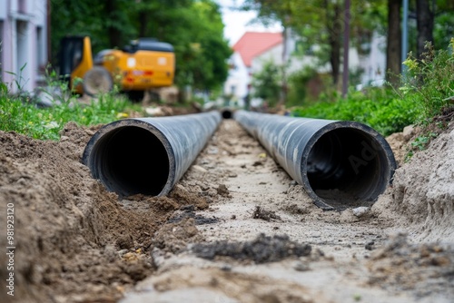 Two large black pipes laid in a trench, ready for installation, with a blurred background of a residential street and construction equipment.