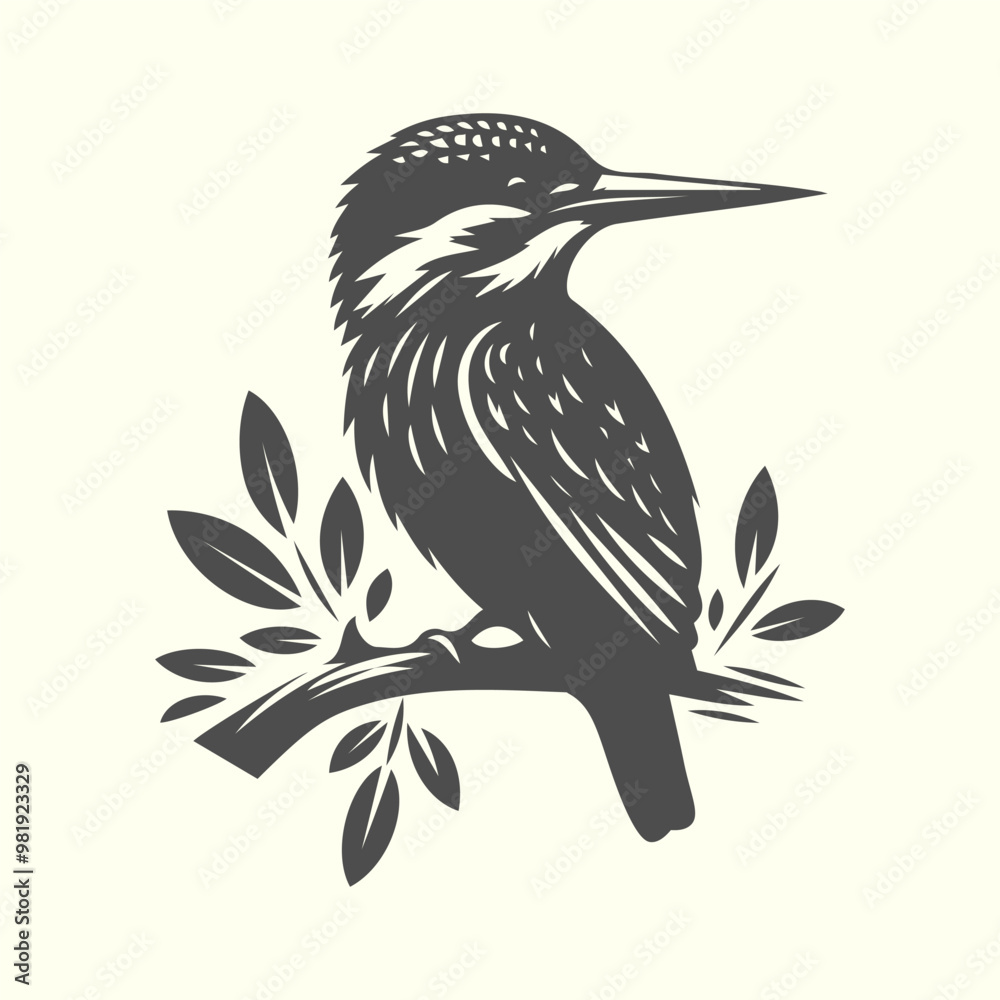 Obraz premium Silhouette of kingfisher sitting on a tree branch. Beautiful kingfisher vector, ideal for wildlife art and nature-inspired illustrations