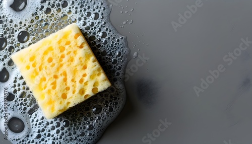 Effortless cleaning with sponges and vibrant soapy foam on a minimalist gray backdrop photo