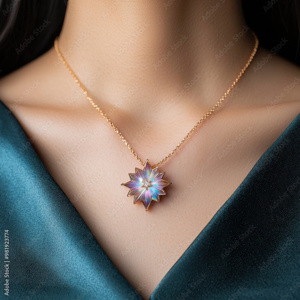 Iridescent star pendant necklace on woman's chest Iridescent star pendant necklace on woman's chest
