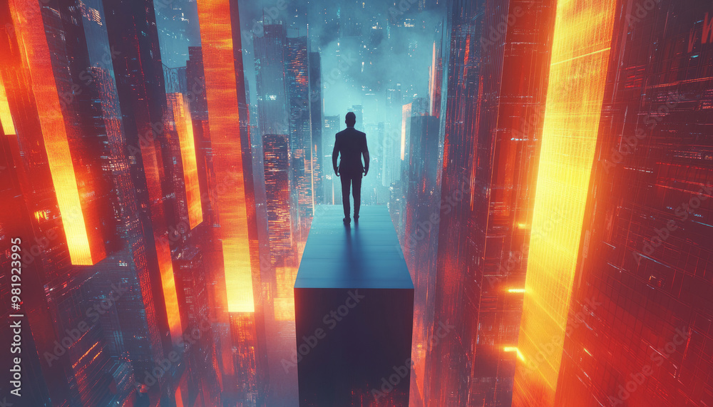 Futuristic Cityscape: Silhouetted Figure Amidst Neon Lit Skyscrapers in a Sci-fi Universe