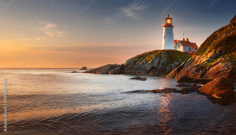 Naklejka premium A solitary lit lighthouse stands on a curved shoreline at sunset, with a rocky hillside extending into the ocean