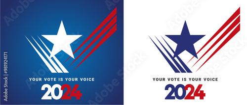 USA Presidential Election 2024. Check mark vote on white and blue background. USA star american flag colors and symbols. Voting Day 2024 in USA, Political election emblem logo