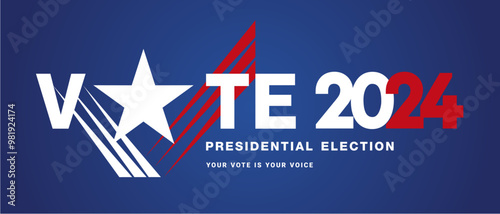 Vote 2024 Presidential Election in USA, Political election campaign banner on blue background. USA Presidential Election 2024. USA star with american flag colors and check mark symbol