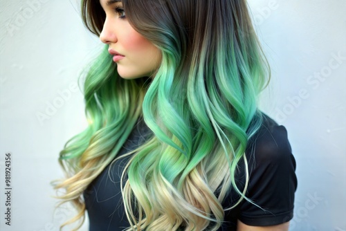 Green ombre hair with loose waves and blonde ends photo