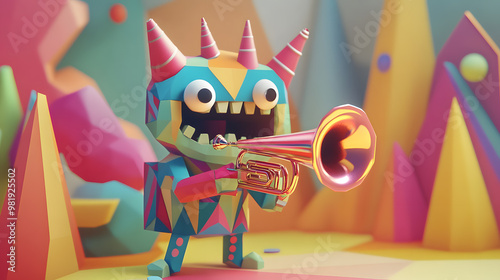 A cute monster  dot black eyes, and a cheerful smile playing cute model pastel colour  style  ,each monster play music ,drum, trampet ,guitar, Violin ,Flute,Saxophone,Trombone,Piano  pastel copyspace. photo