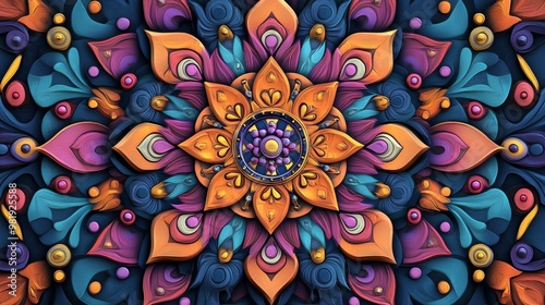 Colorful Mandala Design with Floral Patterns and Shapes