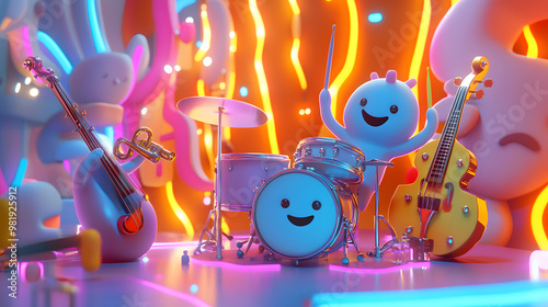 A cute monster  dot black eyes, and a cheerful smile playing cute model pastel colour  style  ,each monster play music ,drum, trampet ,guitar, Violin ,Flute,Saxophone,Trombone,Piano  pastel copyspace. photo