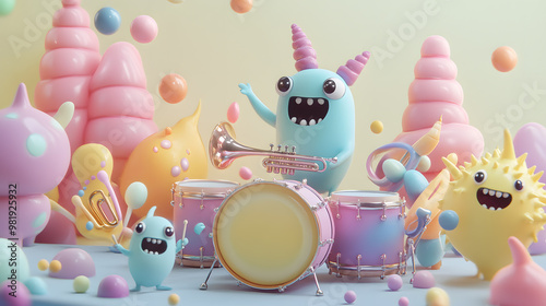 A cute monster  dot black eyes, and a cheerful smile playing cute model pastel colour  style  ,each monster play music ,drum, trampet ,guitar, Violin ,Flute,Saxophone,Trombone,Piano  pastel copyspace. photo