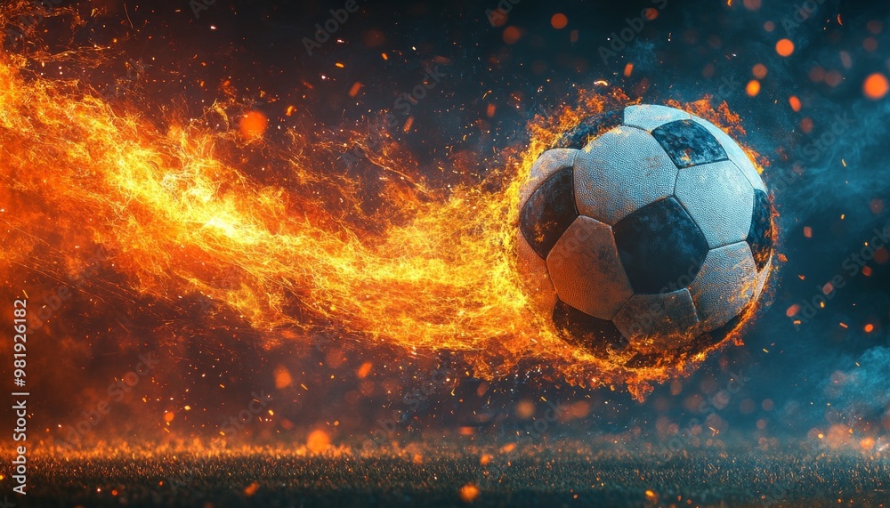 Fototapeta premium Sizzling Soccer: A Fiery Football on the Field in Full Glory