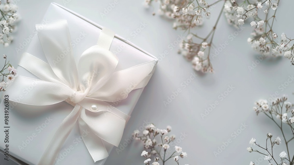 Top view of a gift with a delicate bow, clean soft blur white background, pearl accents, small flowers, classy and sophisticated.