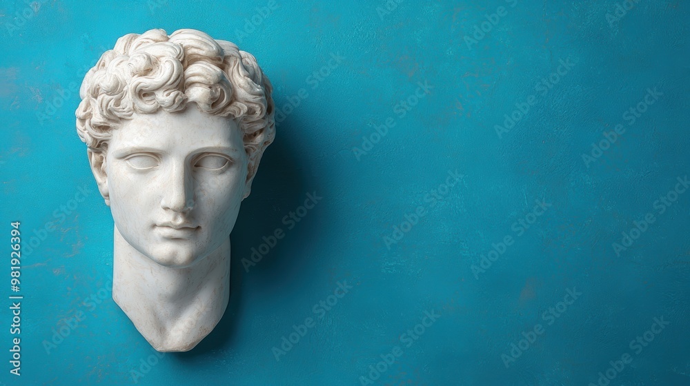 Marble statue head with curly hair against turquoise background Marble statue head with curly hair against turquoise background