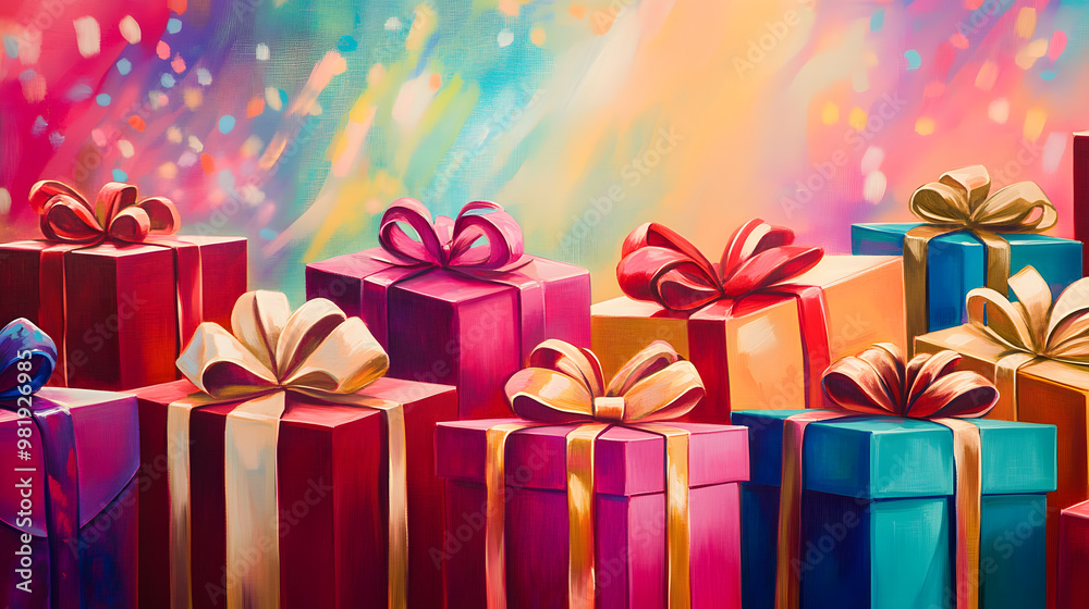 gift boxes tied in velvet ribbons and surrounded by paper decorations. A colorful background with copyspace and blur. gift boxes tied in velvet ribbons and surrounded by paper decorations. A colorful background with copyspace and blur.