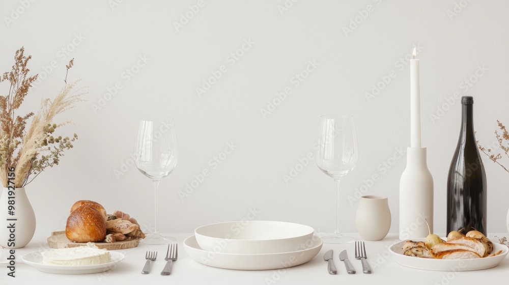 A minimalist dining table set up with plates, glassware, cutlery, bread, a candle, a bottle, and dried flowers for a stylish aesthetic. A minimalist dining table set up with plates, glassware, cutlery, bread, a candle, a bottle, and dried flowers for a stylish aesthetic.