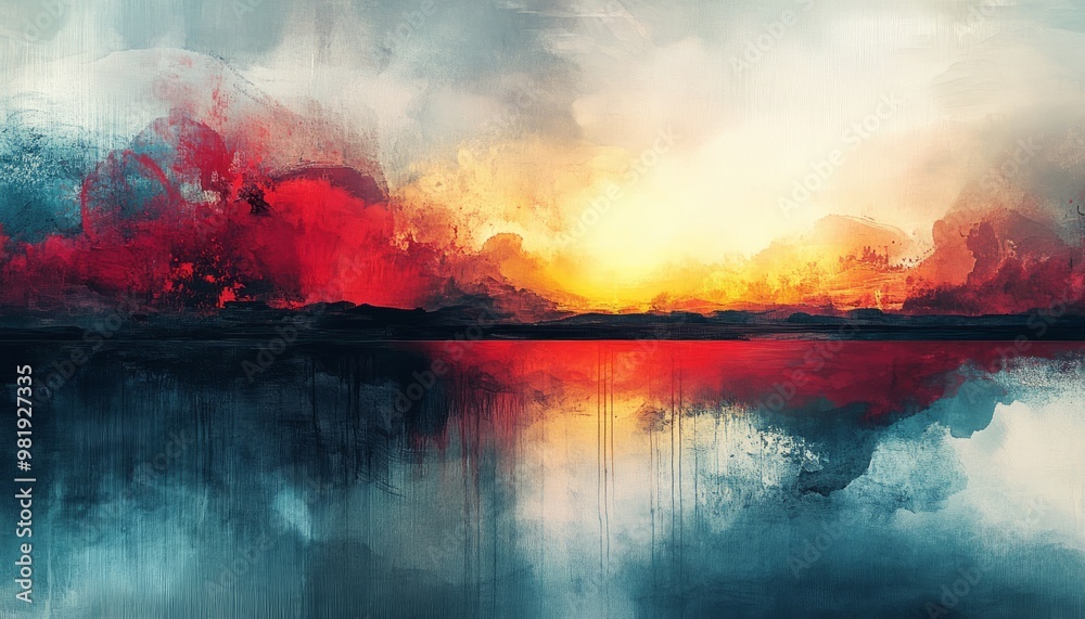 Mystical Sunset Over the Horizon: Abstract Landscape of Fiery Red and Soothing Blue Waters Mystical Sunset Over the Horizon: Abstract Landscape of Fiery Red and Soothing Blue Waters